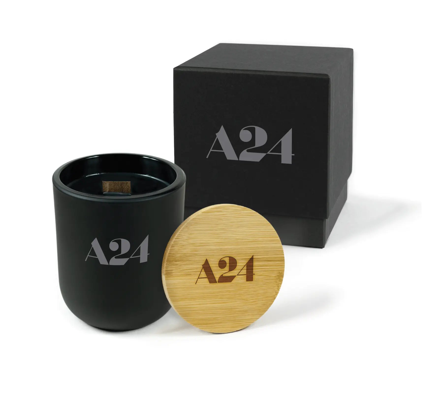 Black ceramic mug with wooden lid and A24 logo on a white background